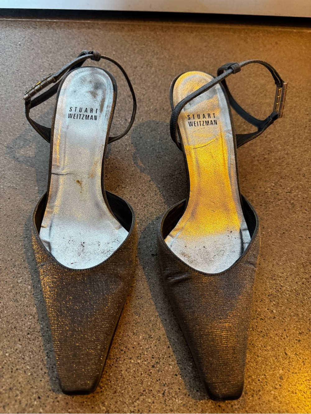 Stuart Weitzman Black Metallic Pointed Slingback Heels